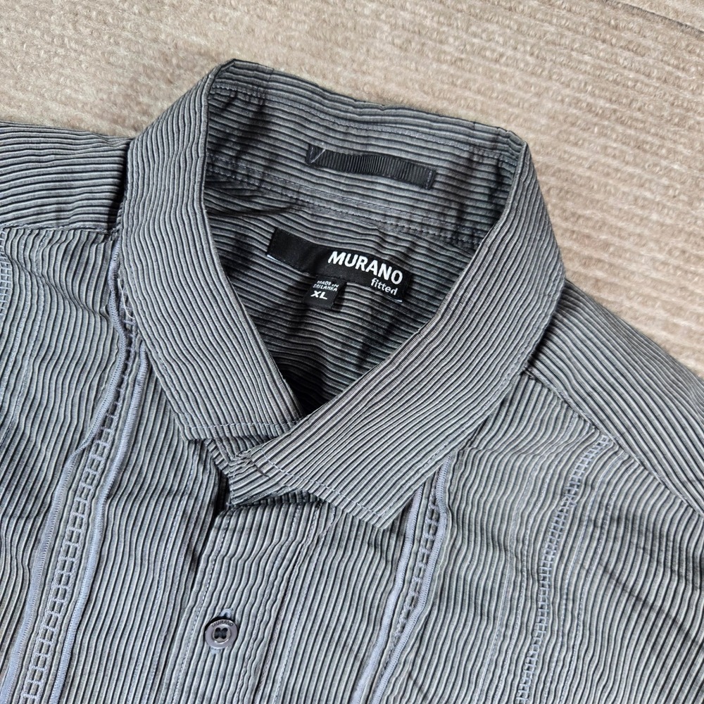 Murano Mens XL Grey Striped Pintuck Fitted Short Sleeve‎ Button Down Shirt